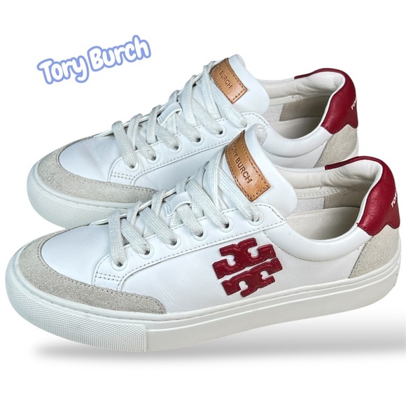 Tory Burch Howell Court Sneakers White Red Leather Suede Logo 161131 Womens 5.5M